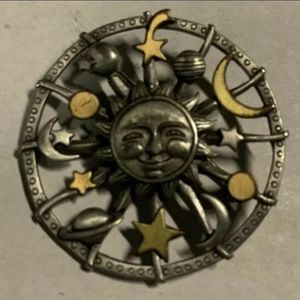 Vintage Pewter JJ Jonette Sun Moon Stars Planets Celestial Space Pin Brooch